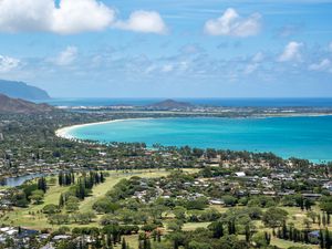 Preview wallpaper bay, sea, tropics, houses, aerial view