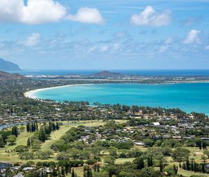 Preview wallpaper bay, sea, tropics, houses, aerial view