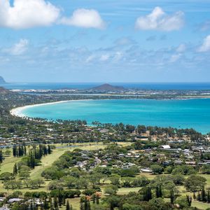 Preview wallpaper bay, sea, tropics, houses, aerial view