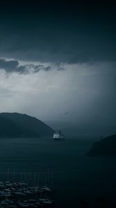 Preview wallpaper bay, ships, fog, sea, port, dark