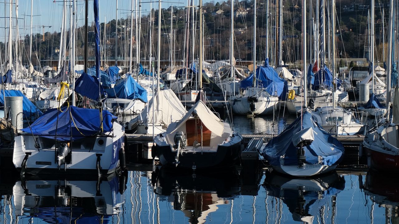 Wallpaper bay, ships, masts, reflection, sky