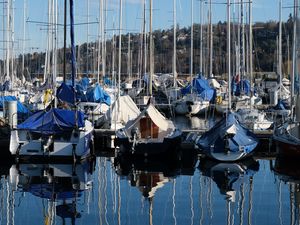 Preview wallpaper bay, ships, masts, reflection, sky