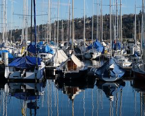 Preview wallpaper bay, ships, masts, reflection, sky