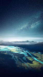 Preview wallpaper bay, starry sky, mountains, fjord