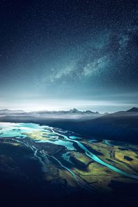 Preview wallpaper bay, starry sky, mountains, fjord