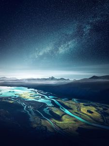 Preview wallpaper bay, starry sky, mountains, fjord