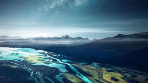 Preview wallpaper bay, starry sky, mountains, fjord