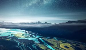 Preview wallpaper bay, starry sky, mountains, fjord