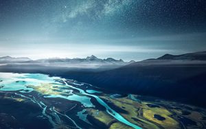 Preview wallpaper bay, starry sky, mountains, fjord