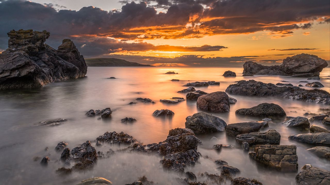 Wallpaper bay, sunset, horizon, stones, clouds