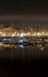 Preview wallpaper bay, yachts, city, sea, reflection, night, dark