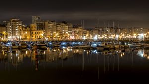 Preview wallpaper bay, yachts, city, sea, reflection, night, dark