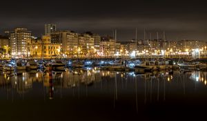 Preview wallpaper bay, yachts, city, sea, reflection, night, dark