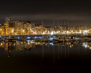 Preview wallpaper bay, yachts, city, sea, reflection, night, dark
