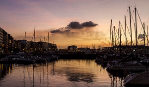 Preview wallpaper bay, yachts, reflection, buildings, evening