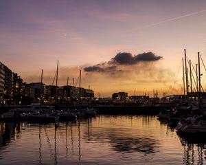 Preview wallpaper bay, yachts, reflection, buildings, evening