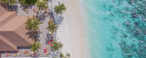 Preview wallpaper beach, aerial view, palm trees, structure