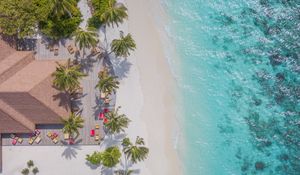 Preview wallpaper beach, aerial view, palm trees, structure