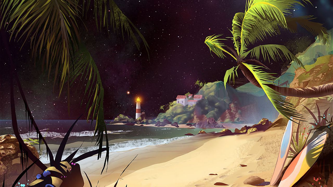 Wallpaper beach, art, palm trees, lighthouse, starry sky, sand