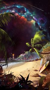 Preview wallpaper beach, art, palm trees, lighthouse, starry sky, sand