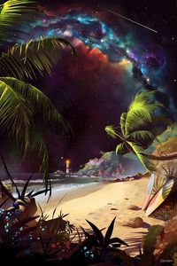 Preview wallpaper beach, art, palm trees, lighthouse, starry sky, sand