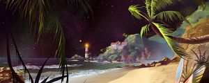 Preview wallpaper beach, art, palm trees, lighthouse, starry sky, sand