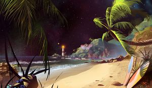 Preview wallpaper beach, art, palm trees, lighthouse, starry sky, sand