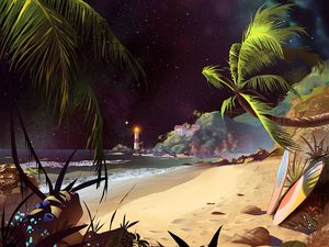 Preview wallpaper beach, art, palm trees, lighthouse, starry sky, sand