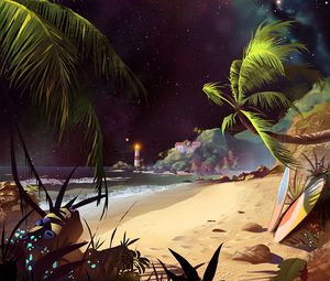 Preview wallpaper beach, art, palm trees, lighthouse, starry sky, sand
