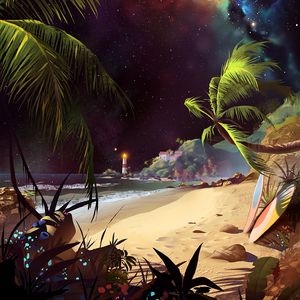 Preview wallpaper beach, art, palm trees, lighthouse, starry sky, sand