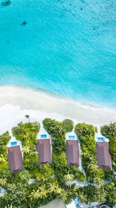 Preview wallpaper beach, buildings, aerial view, sea, palm trees