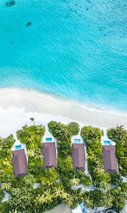 Preview wallpaper beach, buildings, aerial view, sea, palm trees