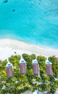 Preview wallpaper beach, buildings, aerial view, sea, palm trees