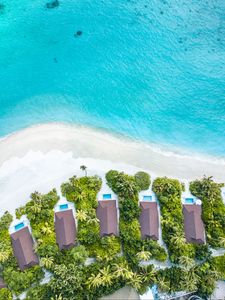 Preview wallpaper beach, buildings, aerial view, sea, palm trees