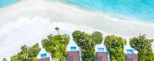 Preview wallpaper beach, buildings, aerial view, sea, palm trees