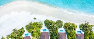 Preview wallpaper beach, buildings, aerial view, sea, palm trees