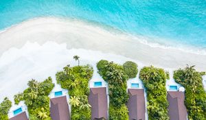 Preview wallpaper beach, buildings, aerial view, sea, palm trees