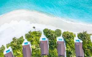 Preview wallpaper beach, buildings, aerial view, sea, palm trees