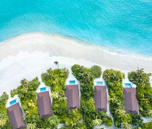 Preview wallpaper beach, buildings, aerial view, sea, palm trees