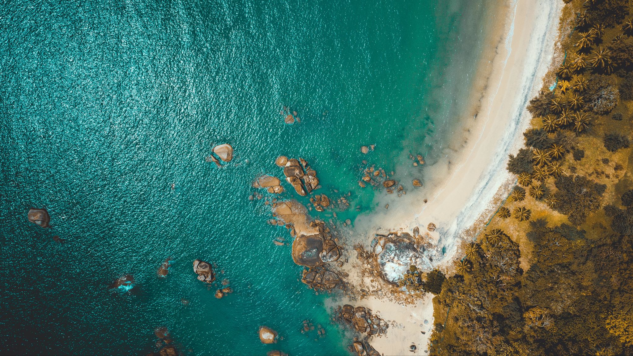 Download wallpaper 2048x1152 beach, coast, aerial view, sea, rocks