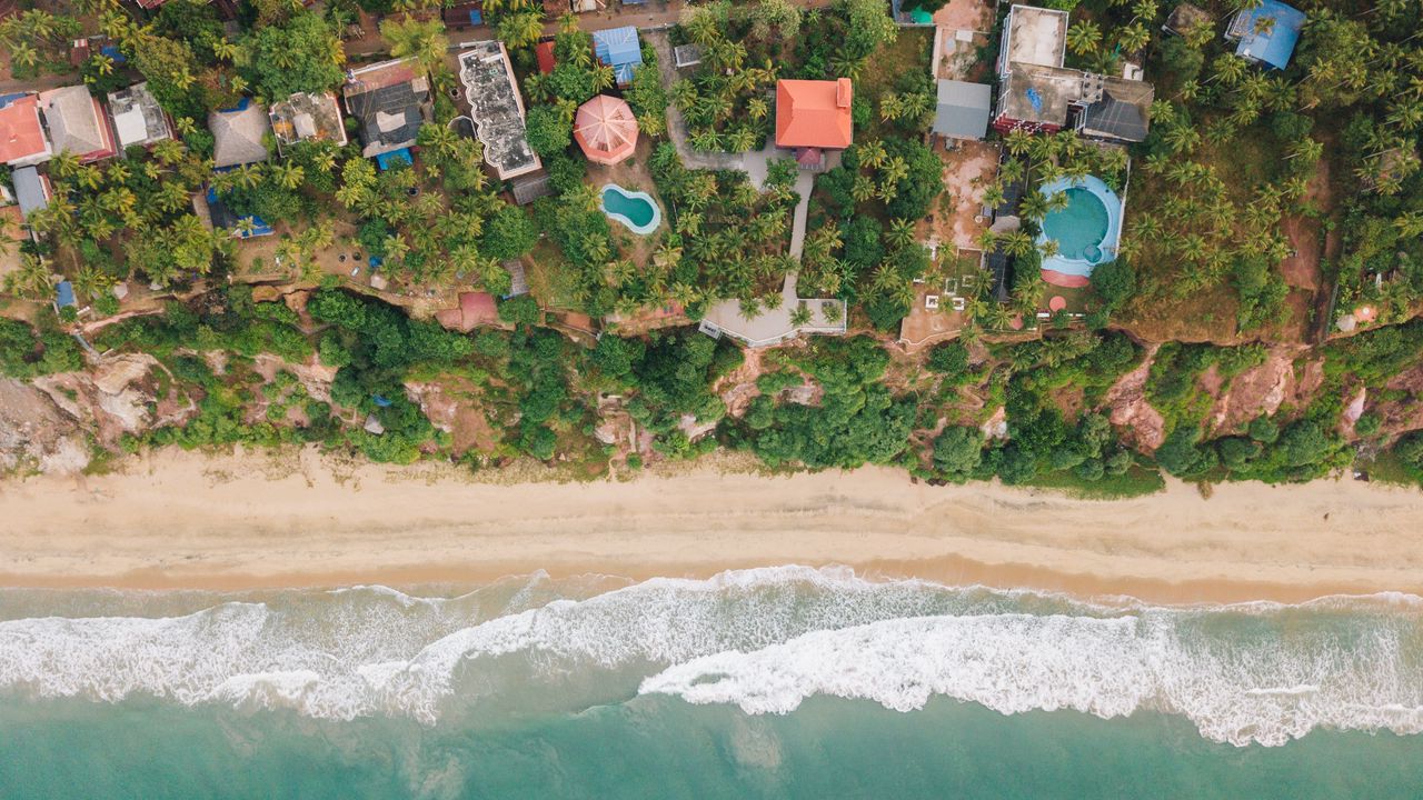 Wallpaper beach, coast, aerial view, buildings, palm trees