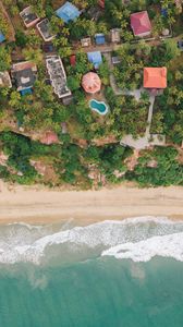 Preview wallpaper beach, coast, aerial view, buildings, palm trees