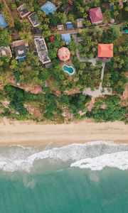 Preview wallpaper beach, coast, aerial view, buildings, palm trees