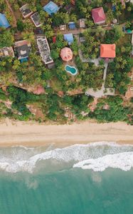 Preview wallpaper beach, coast, aerial view, buildings, palm trees