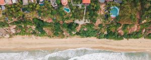 Preview wallpaper beach, coast, aerial view, buildings, palm trees