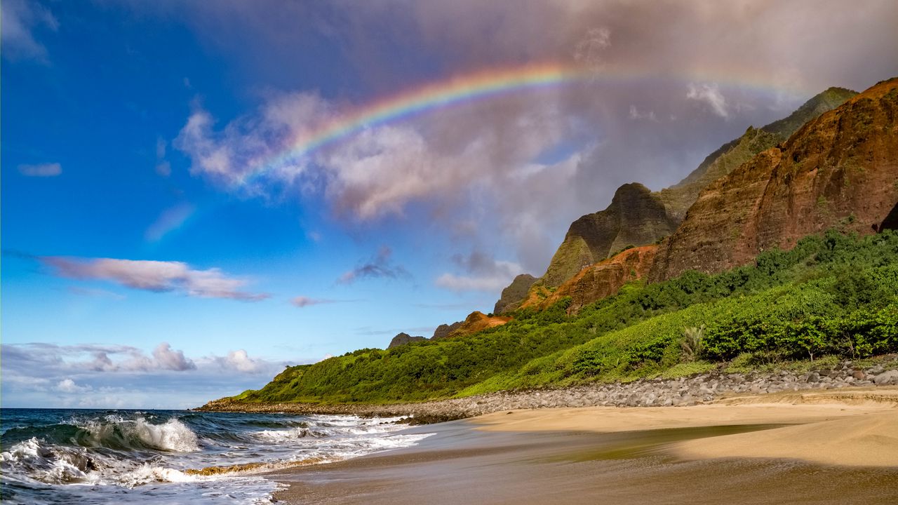 Wallpaper beach, coast, rainbow, waves, slope