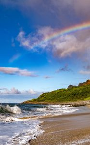 Preview wallpaper beach, coast, rainbow, waves, slope