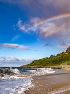 Preview wallpaper beach, coast, rainbow, waves, slope
