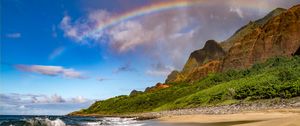 Preview wallpaper beach, coast, rainbow, waves, slope