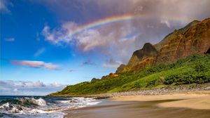 Preview wallpaper beach, coast, rainbow, waves, slope